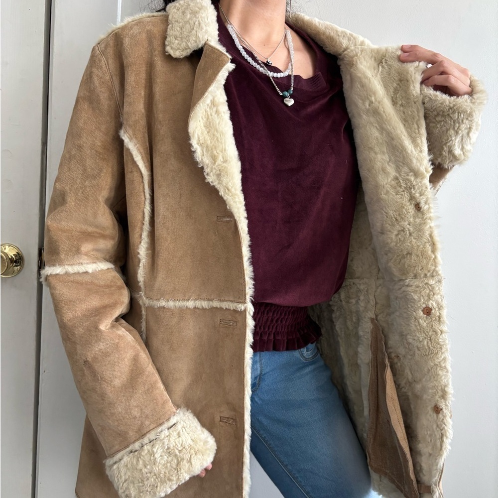 Y2K Boho Patchwork Suede Leather Indie Faux Fur Shearling Penny Lane Coat L - XL